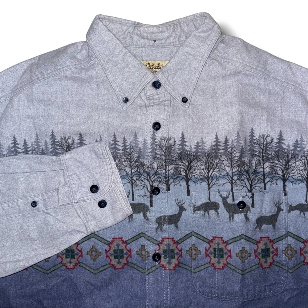 Cabelas Deerskin Soft Chamois Shirt XL Blue Grey Deer Forest Nature Southwestern